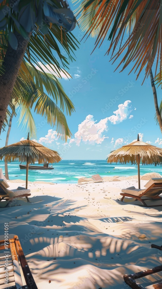 Tropical beach with sun loungers and palm trees