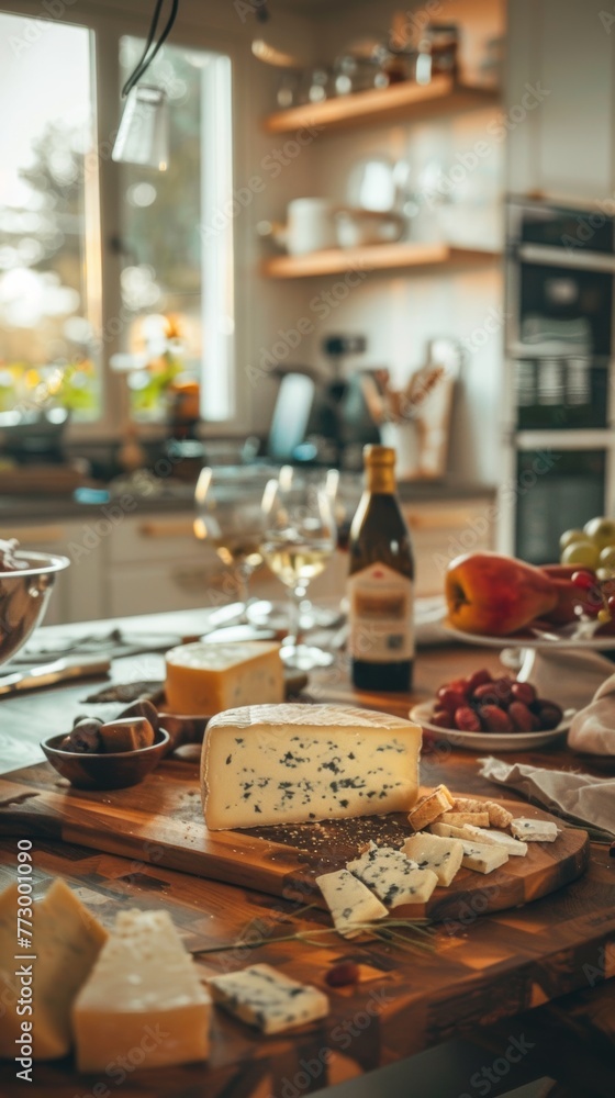 Naklejka premium Cozy kitchen scene with cheese and wine