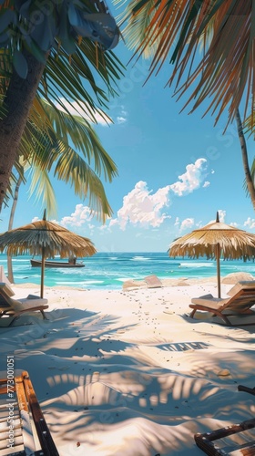 Tropical beach with sun loungers and palm trees