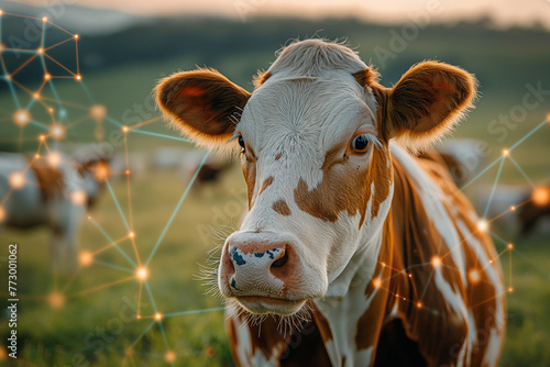 Curious cow looking at the camera with a field of cows in the background photo