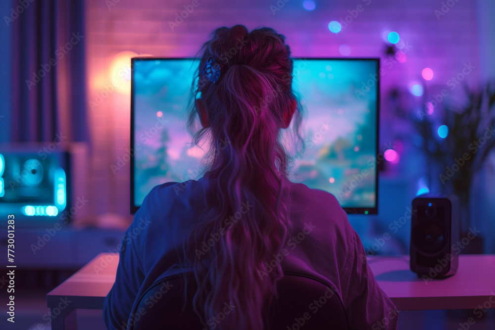 A gamer girl is sitting in front of a computer monitor playing a game A gamer girl is sitting in front of a computer monitor playing a game
