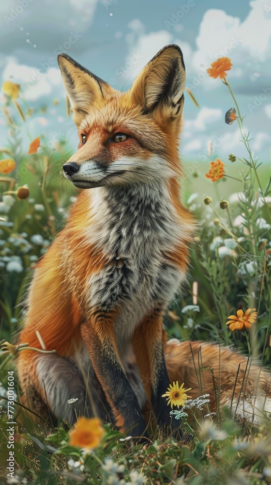 Red fox in a field of flowers Red fox in a field of flowers