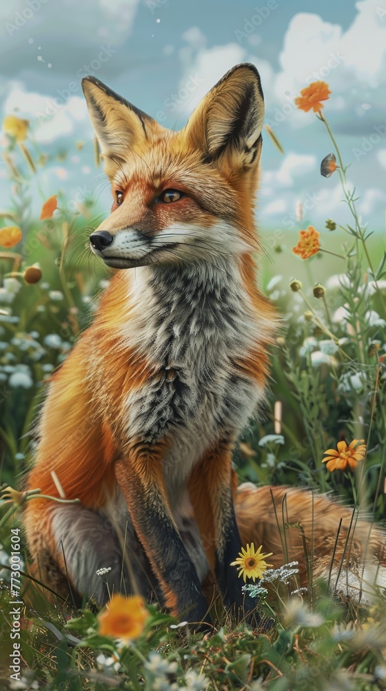 Red fox in a field of flowers