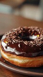 Close-up of a chocolate glazed donut with sprinkles