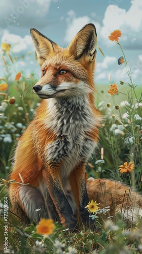 Red fox in a field of flowers