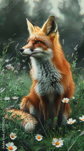 Red fox sitting amidst daisies