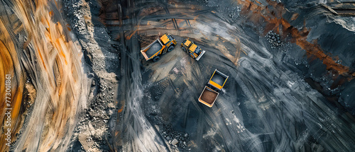 Aerial drone shot, open pit mine with dump trucks on sunny day, bright, sunny, natural light