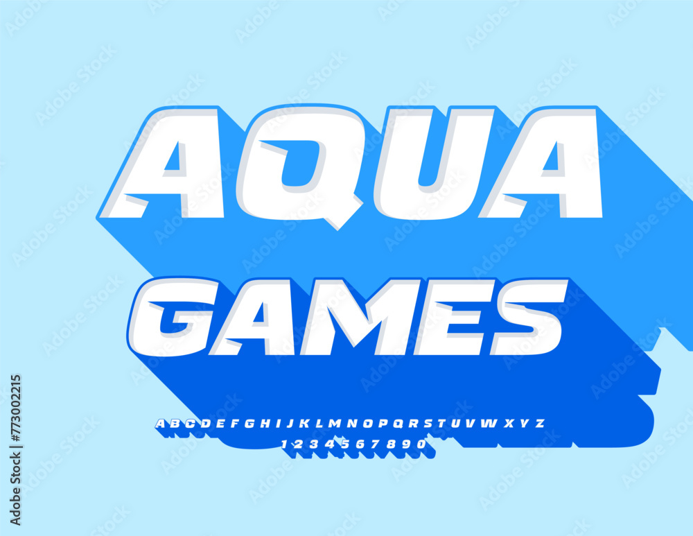 Vector advertising banner Aqua Games. Trendy Font with Big Blue Shadow. Unique Bright Alphabet Letters and Numbers set. Vector advertising banner Aqua Games. Trendy Font with Big Blue Shadow. Unique Bright Alphabet Letters and Numbers set.