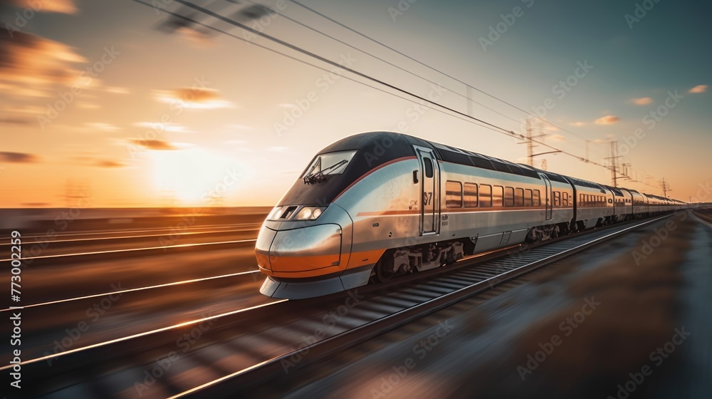 High speed passenger electric train in motion on railroad at sunset. Blurred old commuter train. Railway station against blue sky.