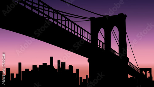 Brooklyn Bridge landscape, flat color illustration © OMIA