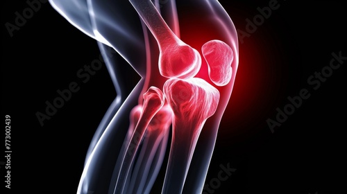 Person suffering from knee pain. Joint problems and arthritis on a dark background. Health and medical concept.