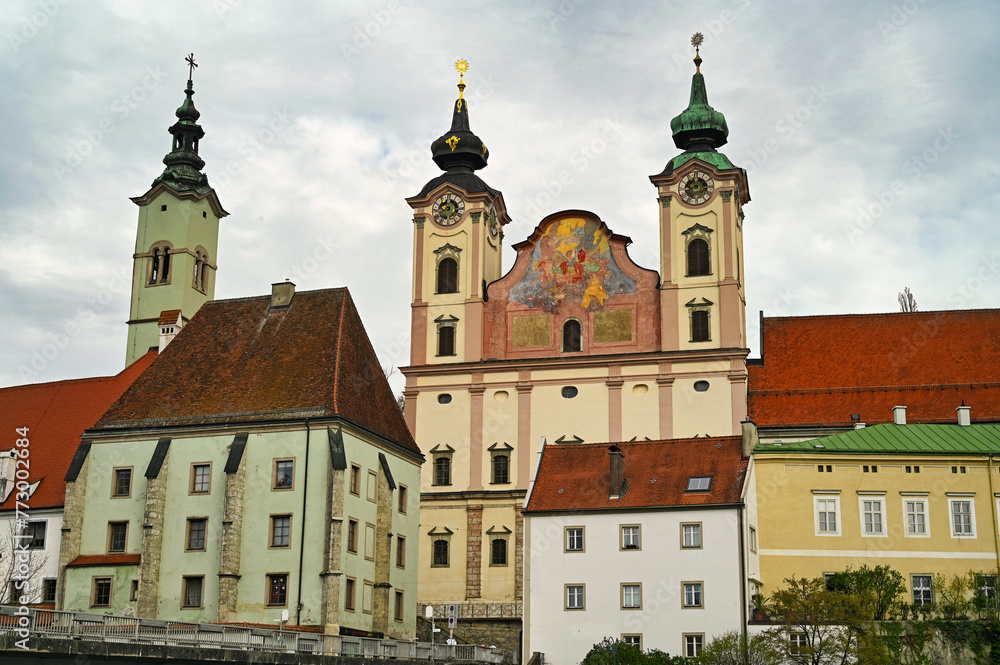 Colorful old buildings and church in Steyr Austria
