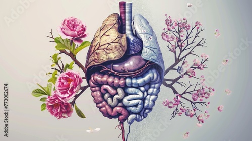 Human gut with flowers, abstract colorful background.