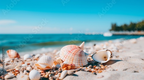 Tranquil coastal beauty with shells on sandy beach, a serene scene evoking travel wanderlust