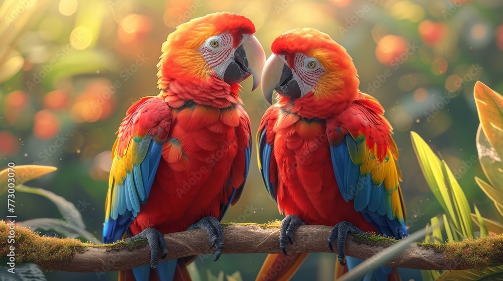 Obraz premium Two scarlet macaws perched on a branch