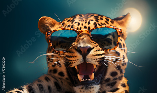Happy leopard wearing sunglass for a commercial advertisement image	
