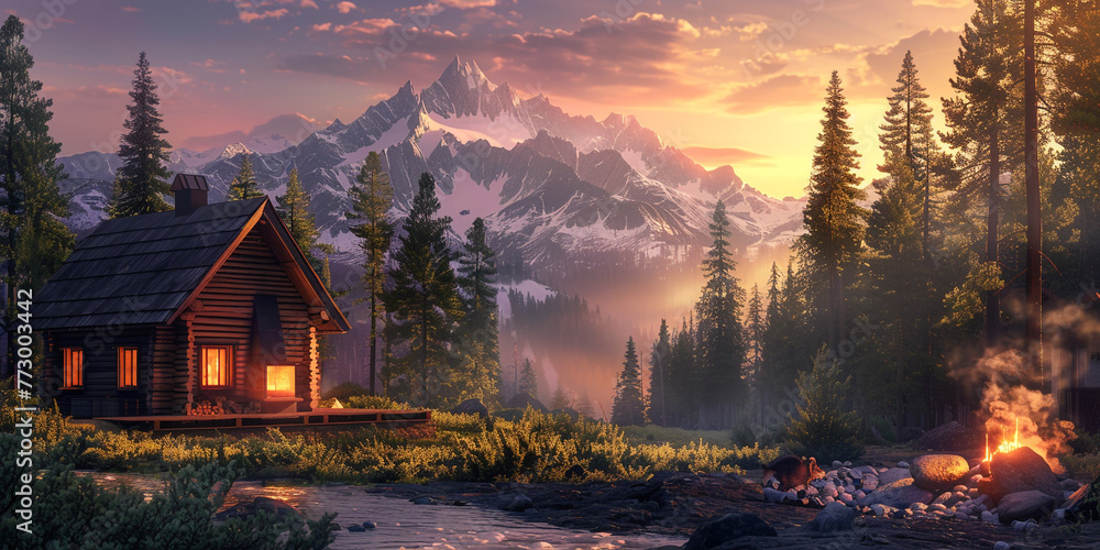 Fototapeta premium sunset in the mountains, A image of a cozy mountain cabin surrounded by pine trees, with a warm fire burning in the fireplace and snow-capped peaks in the distance