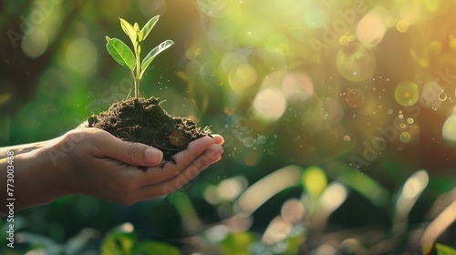 Earth Day - Hands Holding Young Sprout Plant Tree in Nature Background. Eco Environment Scene of Sustainability Agriculture Care with Copy Space 