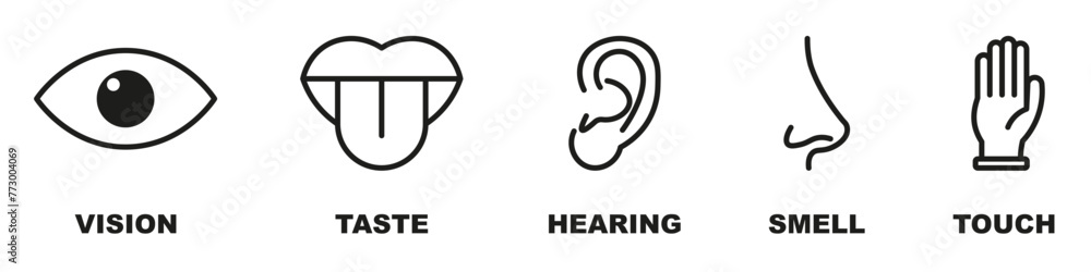 Five Senses Icon Collection. Eye, nose, ear, hand, mouth, tongue signs. Sight, smell, hearing, touch, taste vector icons. Five Senses Icon Collection. Eye, nose, ear, hand, mouth, tongue signs. Sight, smell, hearing, touch, taste vector icons.