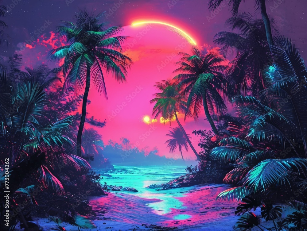 Image retro-style featuring a neon-lit tropical landscape. The scene is vividly brought to life with a bright, neon-infused depiction of tropical trees. Neon aesthetics and nostalgic. AI.