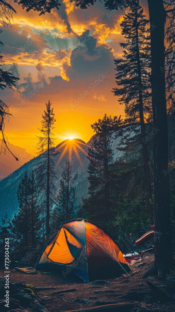 Sunrise at a mountain campsite