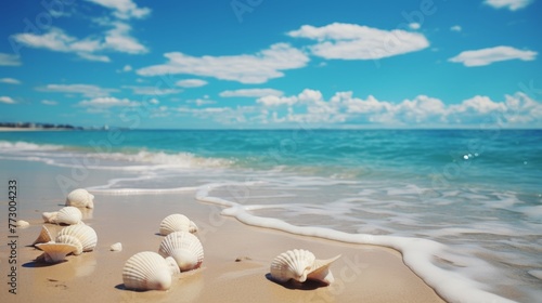 Tranquil coastal beauty shells scattered on sandy beach  serene view of travel destination