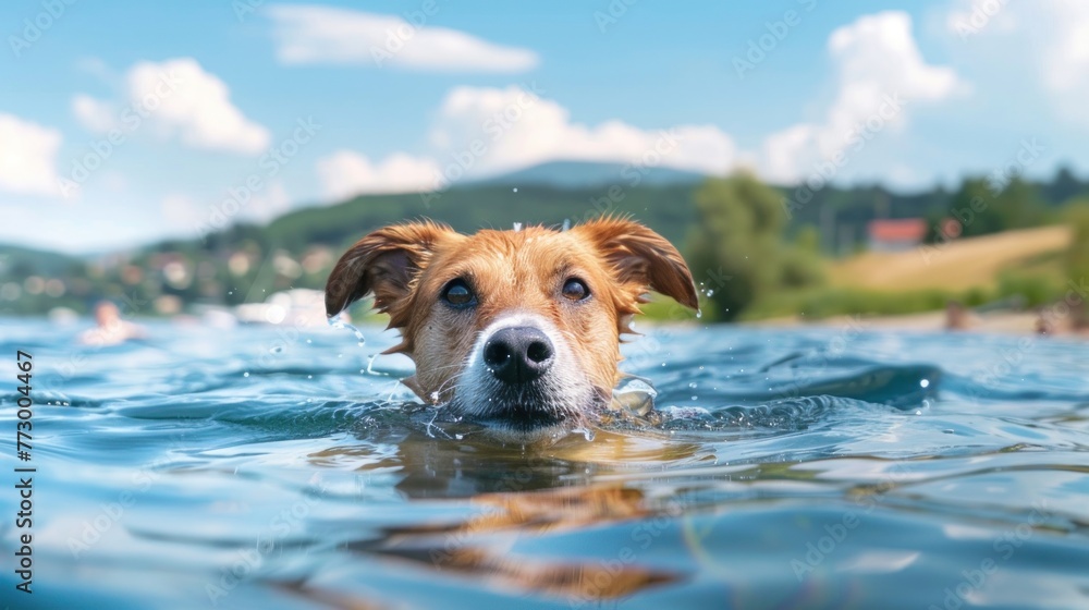 Serene Swim: A Golden Retriever's Sunset Adventure in Nature - Generative AI Serene Swim: A Golden Retriever's Sunset Adventure in Nature - Generative AI