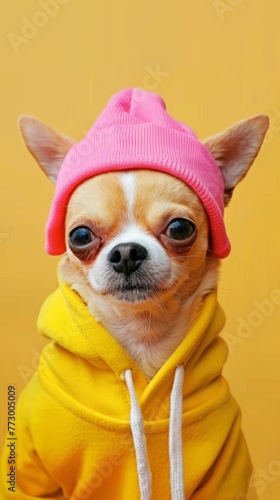 Chihuahua in a pink beanie and yellow hoodie © iVGraphic