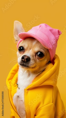 Chihuahua dressed in a pink beanie and yellow hoodie © iVGraphic
