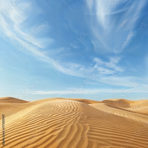 A vast sandy desert with dramatic sand dunes