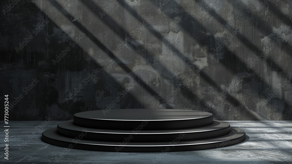 Empty black product podium display background with a minimal pedestal show stand, modern platform, abstract light shadow showroom presentation backdrop. Cosmetic template with geometric summer shelf. Empty black product podium display background with a minimal pedestal show stand, modern platform, abstract light shadow showroom presentation backdrop. Cosmetic template with geometric summer shelf.