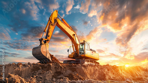 Excavator at a construction site at work against the sky background photo