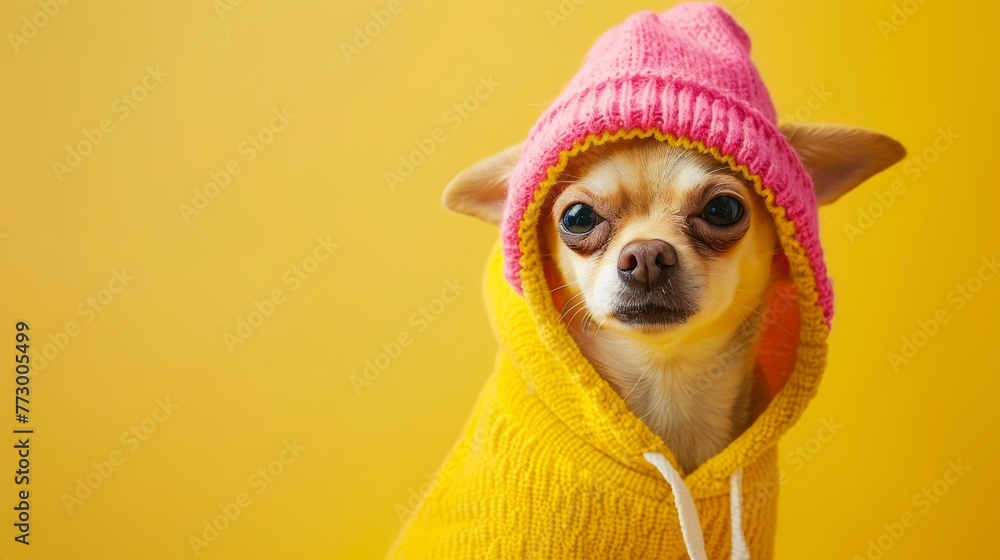 Chihuahua in a pink hat and yellow sweater