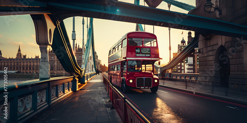 Ônibus vermelho de dois andares atravessando a ponte em estilo vintage photo