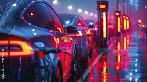 At twilight, electric cars gather at the charging station in the parking lot, creating a serene and futuristic scene.