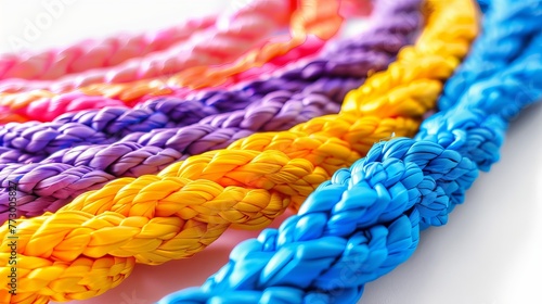 Vibrant multicolored braided ropes symbolizing unity and strength, neatly arranged on a pristine white background