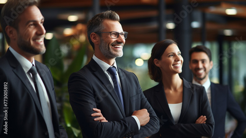 smiling business people standing and discussing business in office