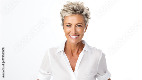 stylish happy mature woman isolated white background © Yuwarin