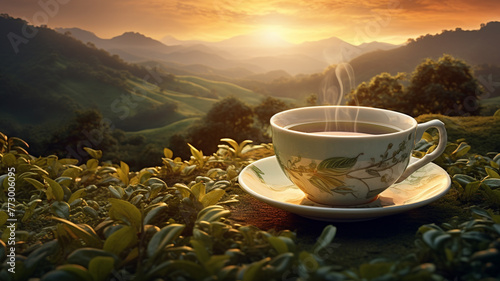 A white cup of tea on the wooden table with tea plantation background at beautiful sunrise photo
