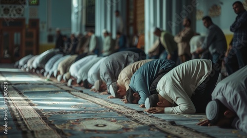Editorial use only. Group of men kneeling on grey carpets and praying. Celebration of Ramadan (month of fasting), breaking of the fast. May 19, 2018. Kiev, Ukraine  photo