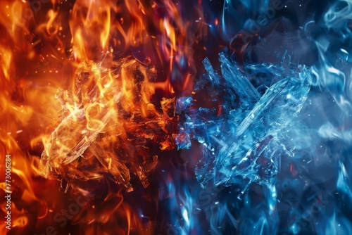 Abstract fire and ice concept with red hot flames and blue cold crystals, contrasting elements digital illustration