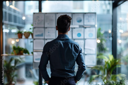 Imagine a man in the office standing near a board displaying the company's strategic framework. From the back, he examines the roadmap for success, mentally aligning the organizati photo