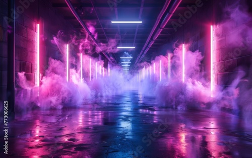 Surreal Photography of a hallway lined with 3D neon lights  dimly lit  fog 