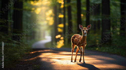 young deer crosses an asphalt road in front of a blur car a green forest at sunrise