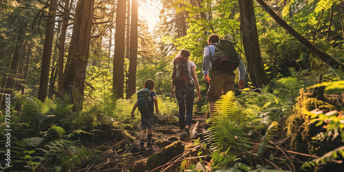 person in the forest, A image of a family hiking through the woods, with trees, ferns, and a trail leading deeper into the forest photo