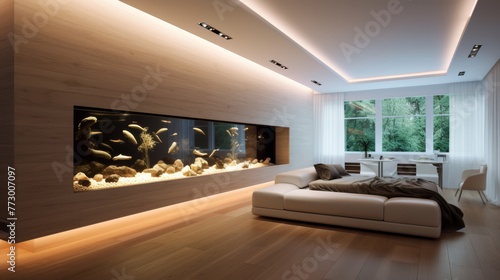 Minimalistic living room with wall aquarium aquatic architecture in home interior design photo