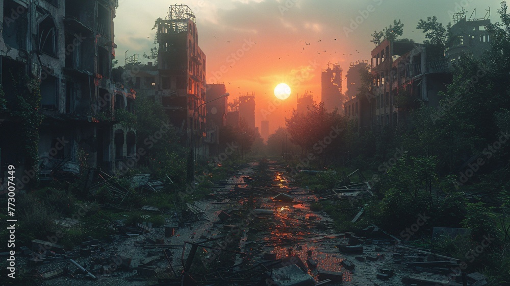 Sunset in the Ruins A Post-Apocalyptic Scene Generative AI