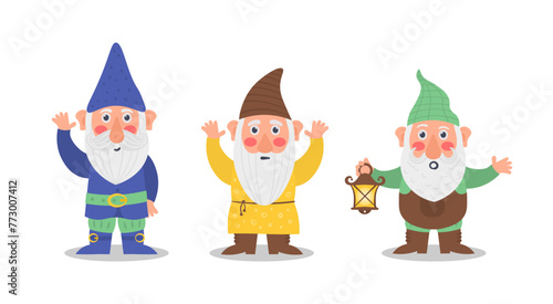 Collection cute of garden gnome or dwarfs holding lantern, banner, mushroom, watering can. Set of cute fairytale character. Classic Garden gnomes in colorful outfits different situations. Vector © Little Monster 2070