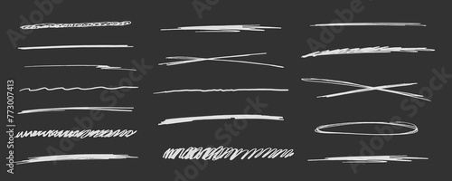 Strikethrough underlines, set chalk stroke, marker lines grunge curve, wvy free hand marks textured simple borders isolated on dark background. Creative collection scribble brush or crayon checks