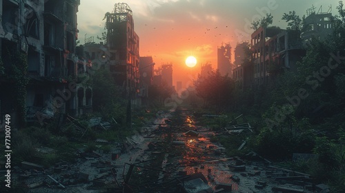 Sunset in the Ruins A Post-Apocalyptic Scene Generative AI